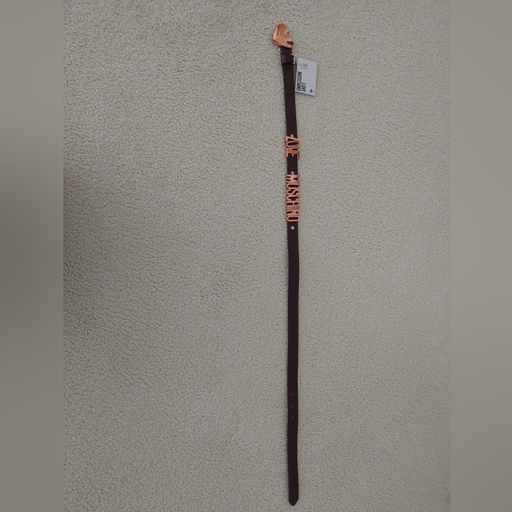 Love Moschino love heart logo women's leather belt rose gold brown 100cm